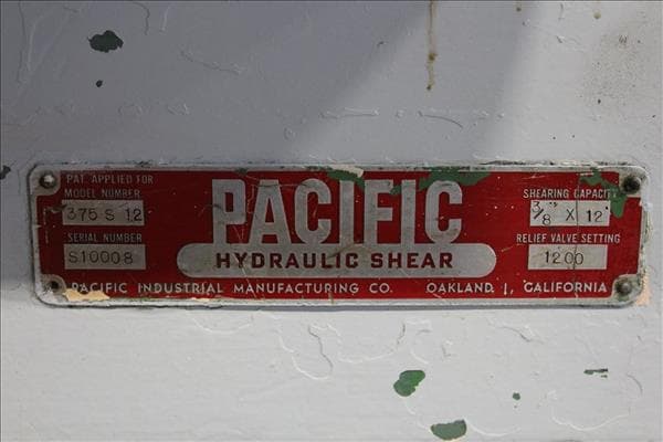 PACIFIC 375S12 3/8" X 12 HYDRAULIC POWER SQUARING SHEAR